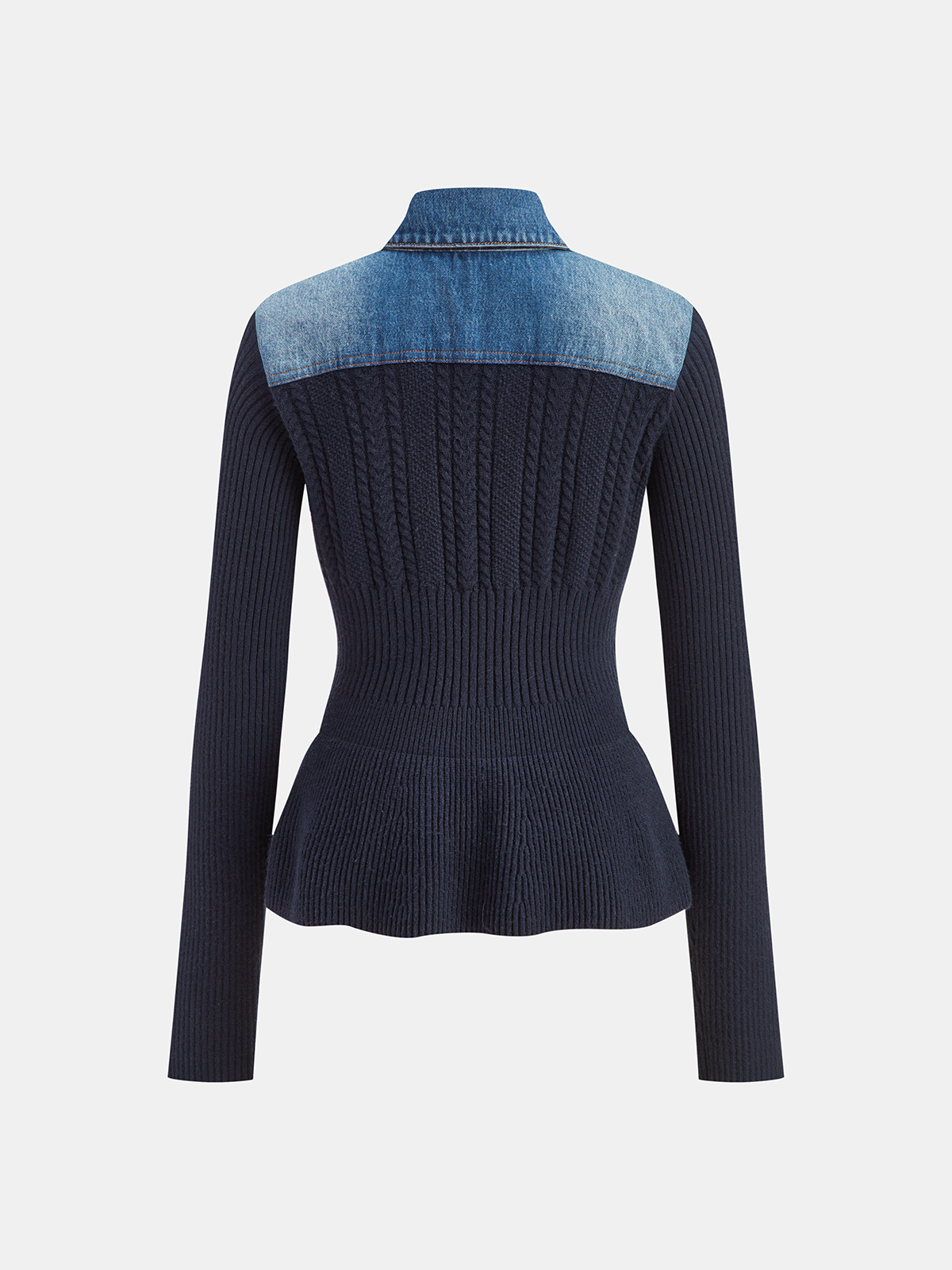 Navy blue stretch knit cardigan with denim collar, peplum hem, and cable knit detailing.