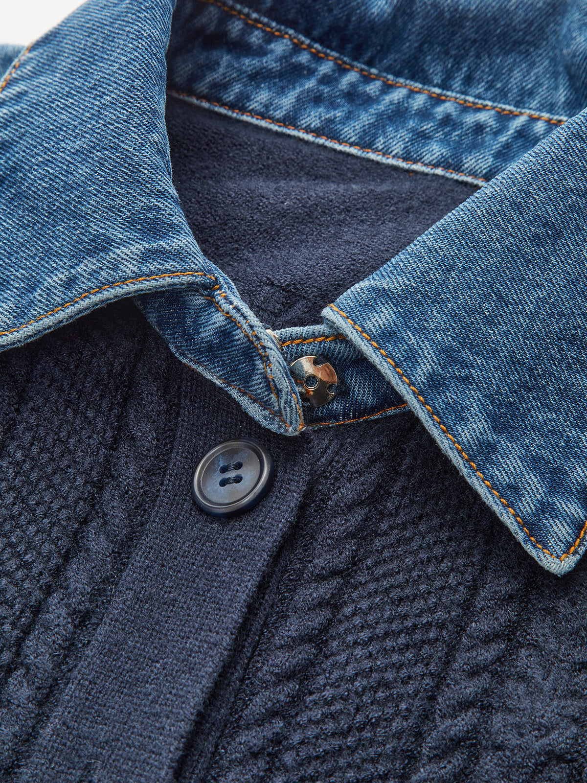 Denim Collar Cable Knit Button-Front Peplum Cardigan with Pockets for Women