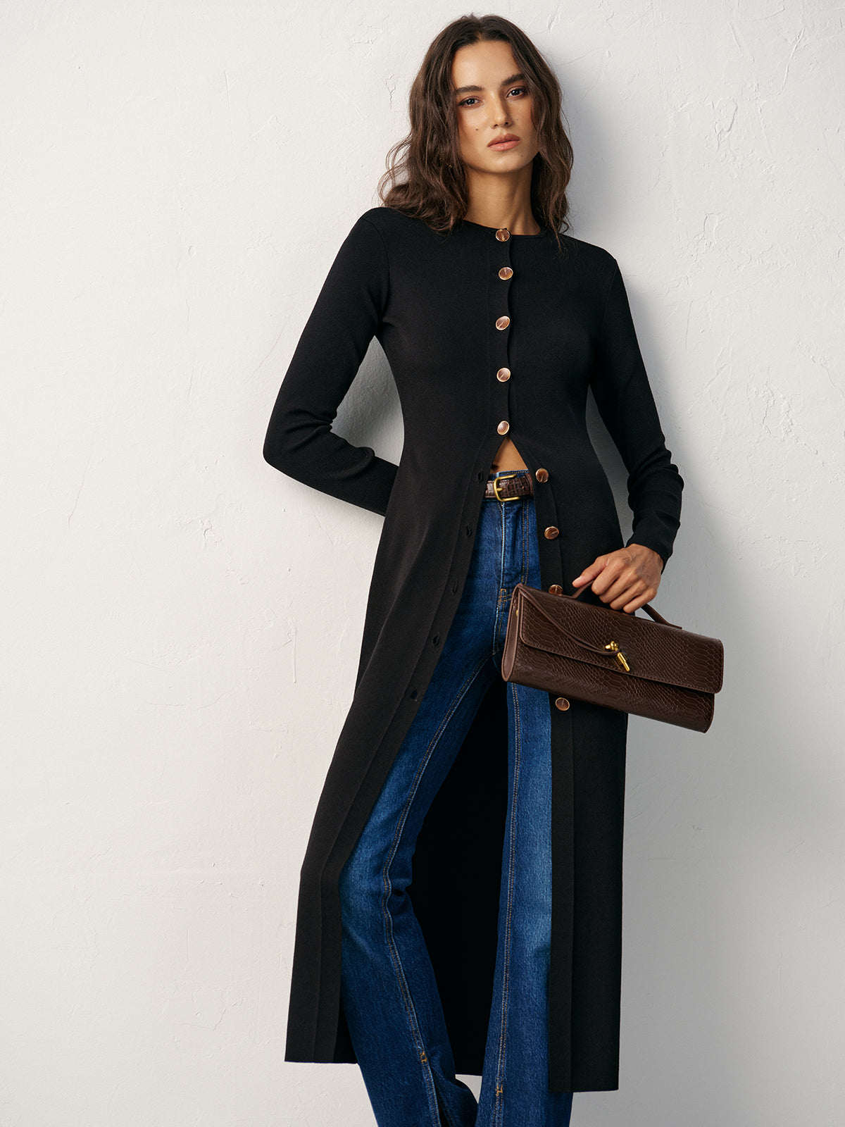 Button-Front Maxi Knit Cardigan Dress with Long Sleeves and Pockets