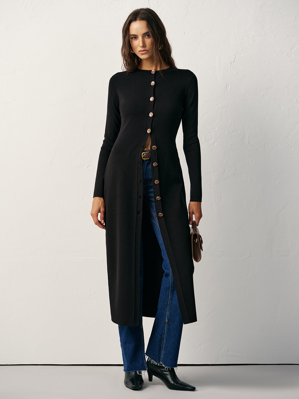 Button-Front Maxi Knit Cardigan Dress with Long Sleeves and Pockets