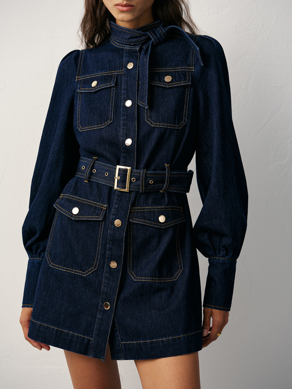 Belted Button-Front Denim Dress with Pockets and Collar