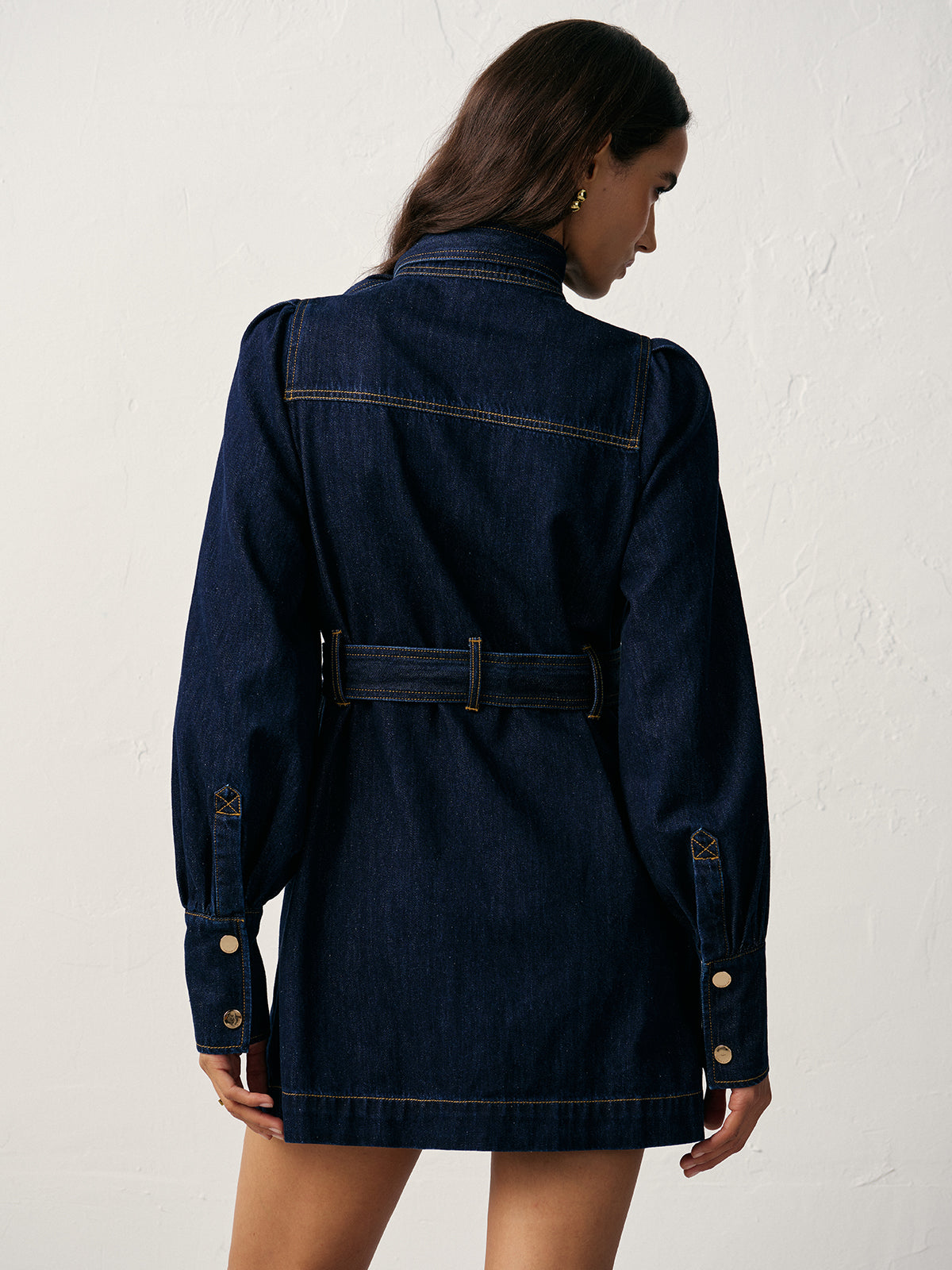 Belted Button-Front Denim Dress with Pockets and Collar