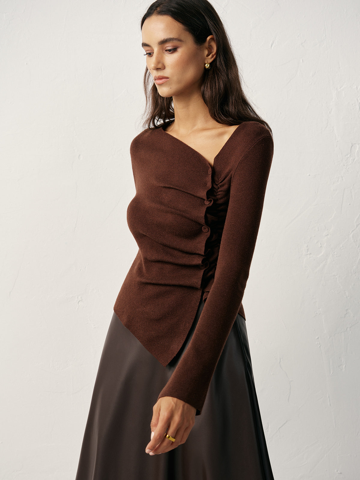 Wool Blend Asymmetric Ruched Side-Button Cardigan Cozy Winter Fashion Sweater
