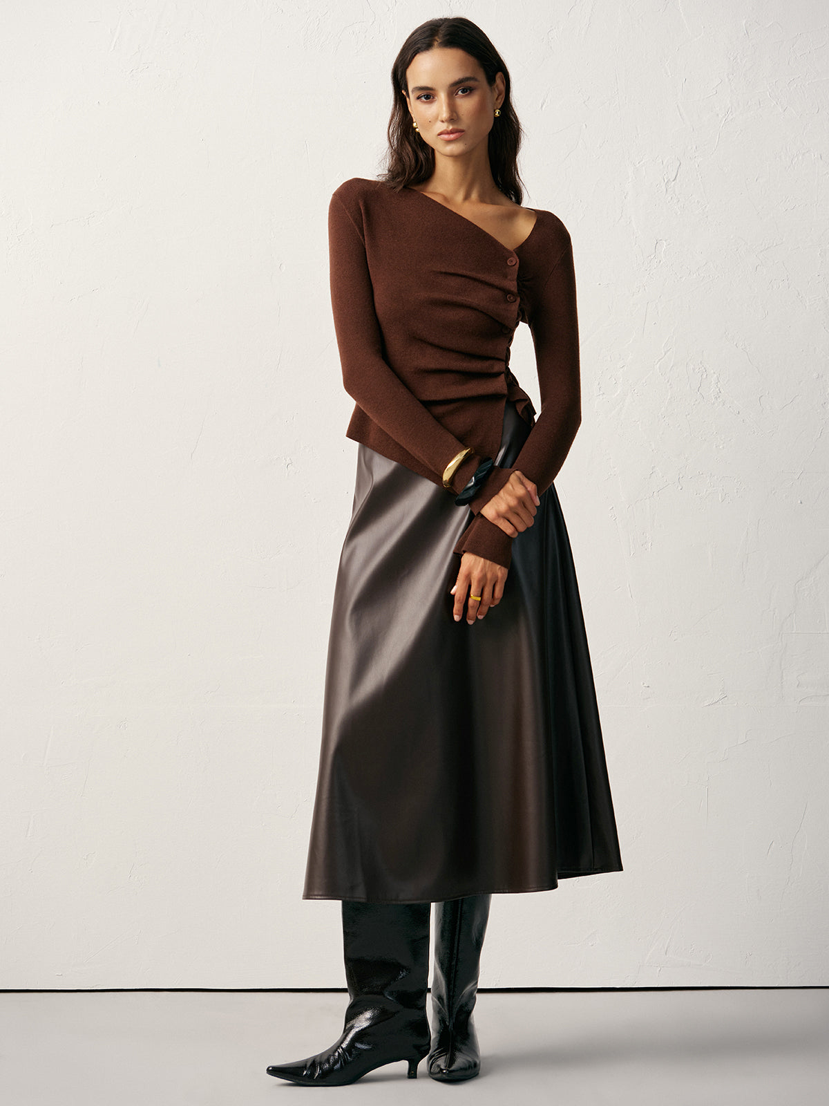 Wool Blend Asymmetric Ruched Side-Button Cardigan Cozy Winter Fashion Sweater