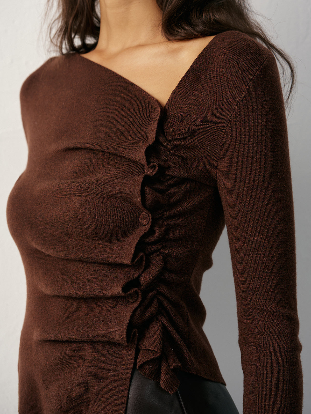 Wool Blend Asymmetric Ruched Side-Button Cardigan Cozy Winter Fashion Sweater