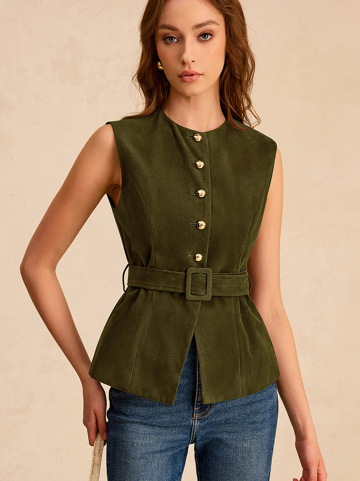Suede Effect Vest with Belt Fashionable LightWeight Outerwear