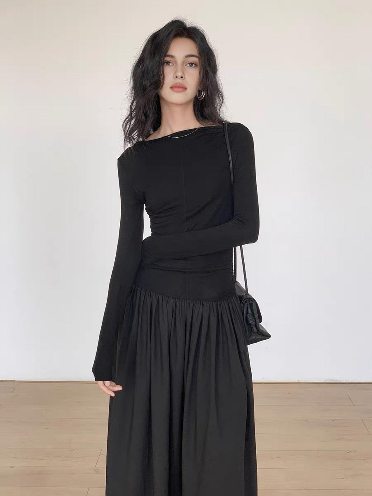 Pleated Patchwork Knit Long Sleeve Midi Dress for Women, Comfortable Fall Fashion
