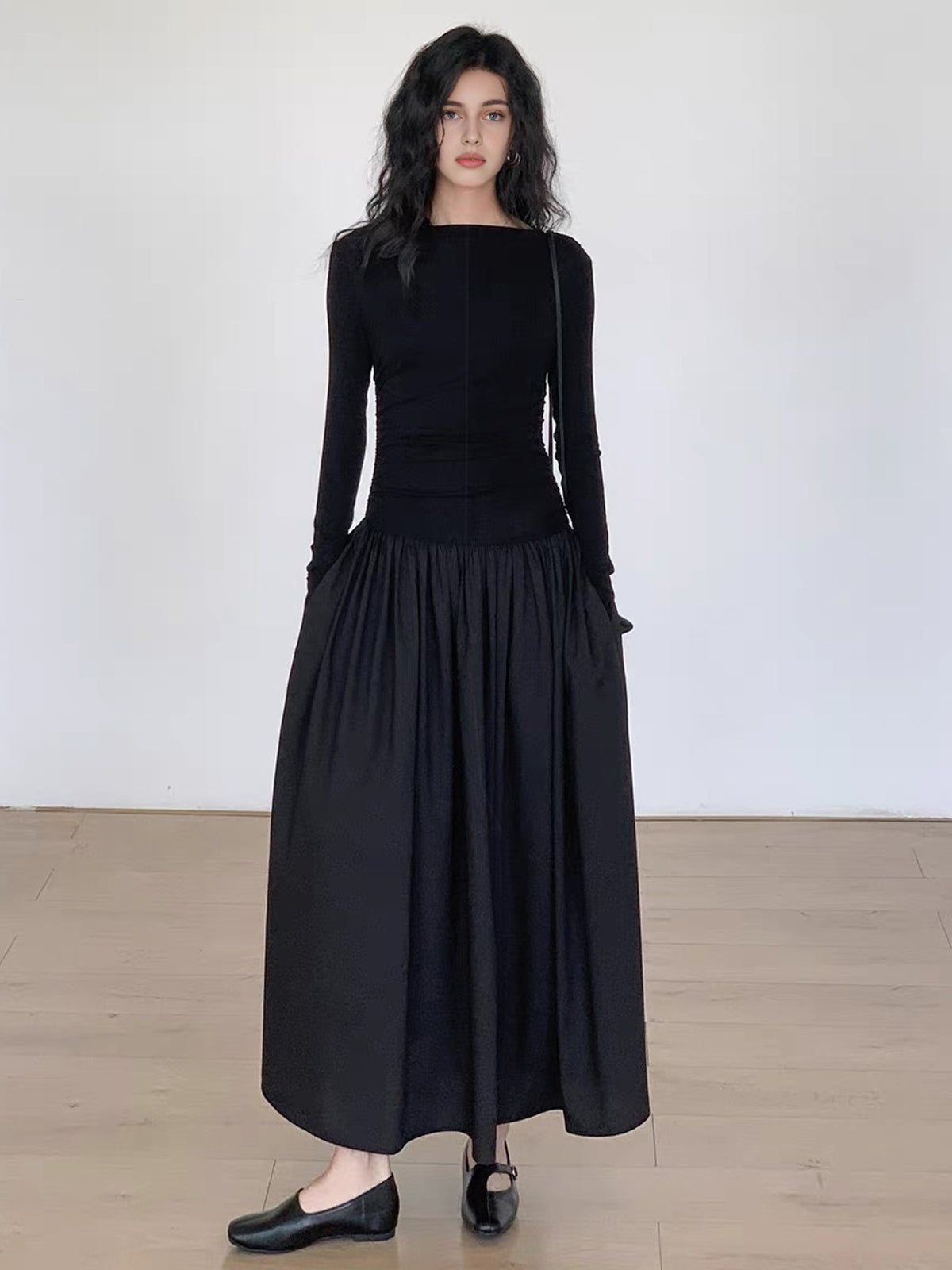 Pleated Patchwork Knit Long Sleeve Midi Dress for Women, Comfortable Fall Fashion