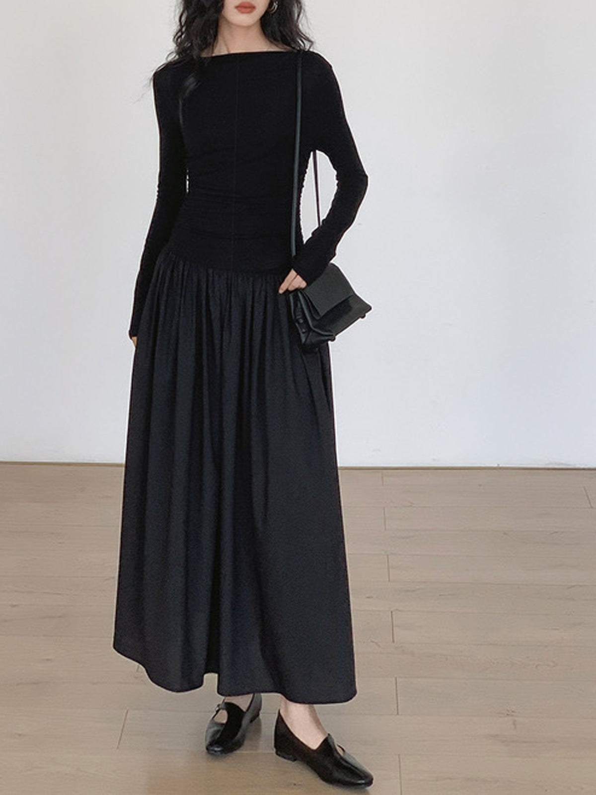 Pleated Patchwork Knit Long Sleeve Midi Dress for Women, Comfortable Fall Fashion