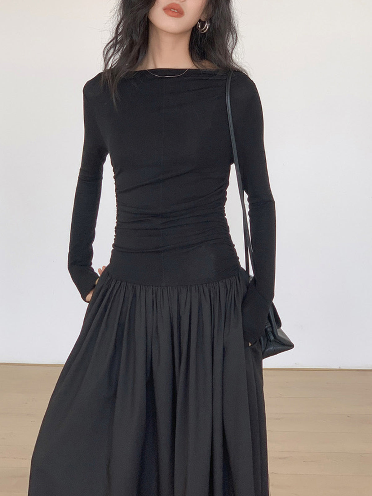 Pleated Patchwork Knit Long Sleeve Midi Dress for Women, Comfortable Fall Fashion