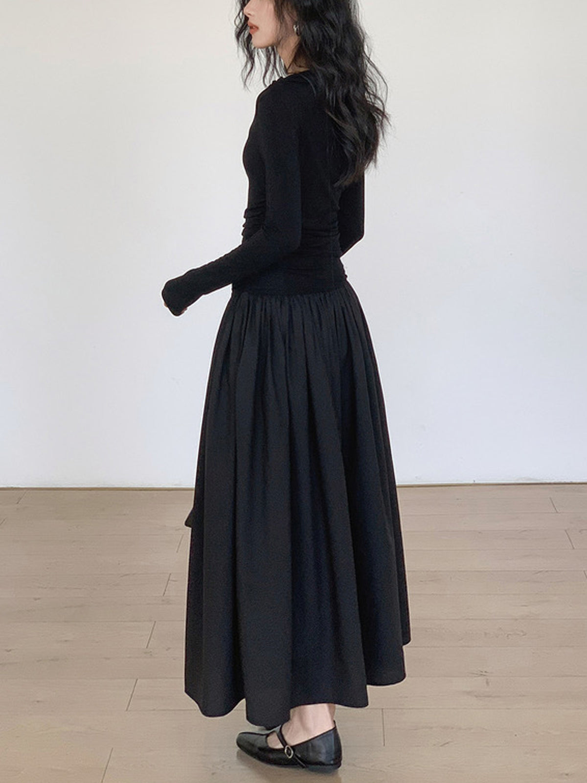 Pleated Patchwork Knit Long Sleeve Midi Dress for Women, Comfortable Fall Fashion