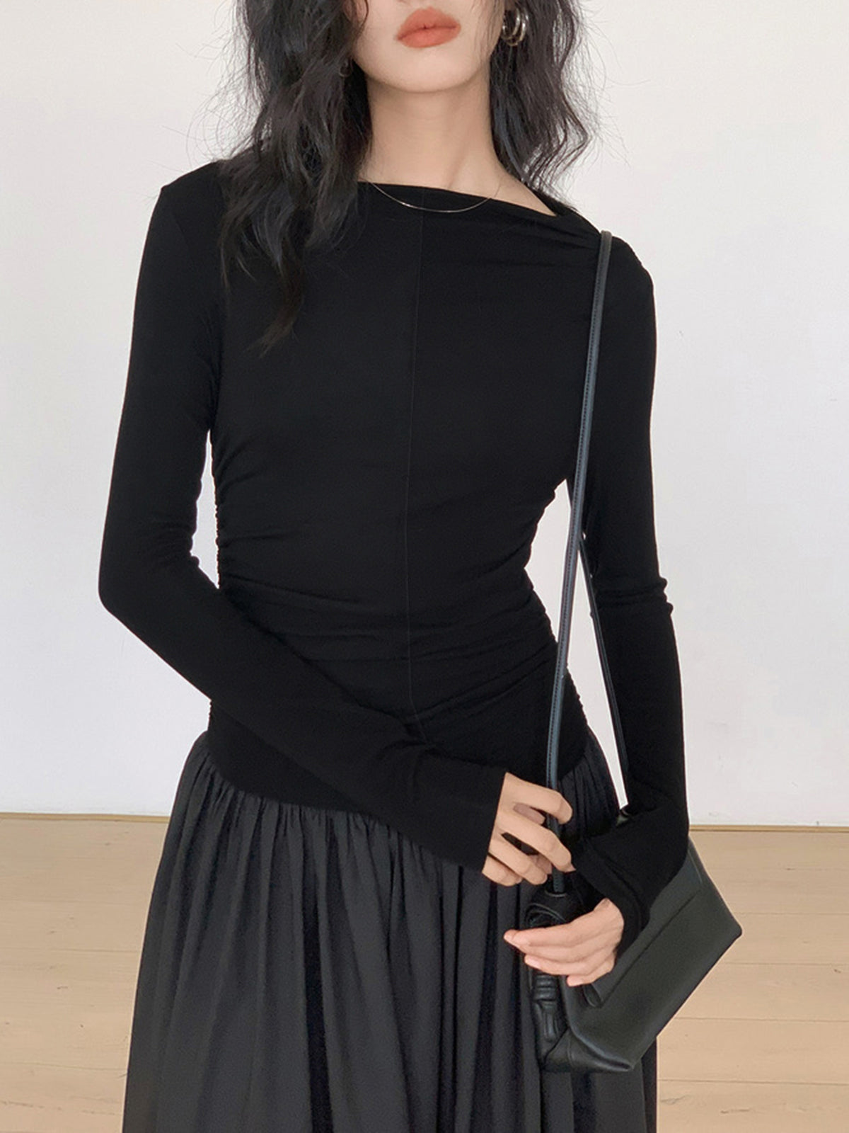 Pleated Patchwork Knit Long Sleeve Midi Dress for Women, Comfortable Fall Fashion