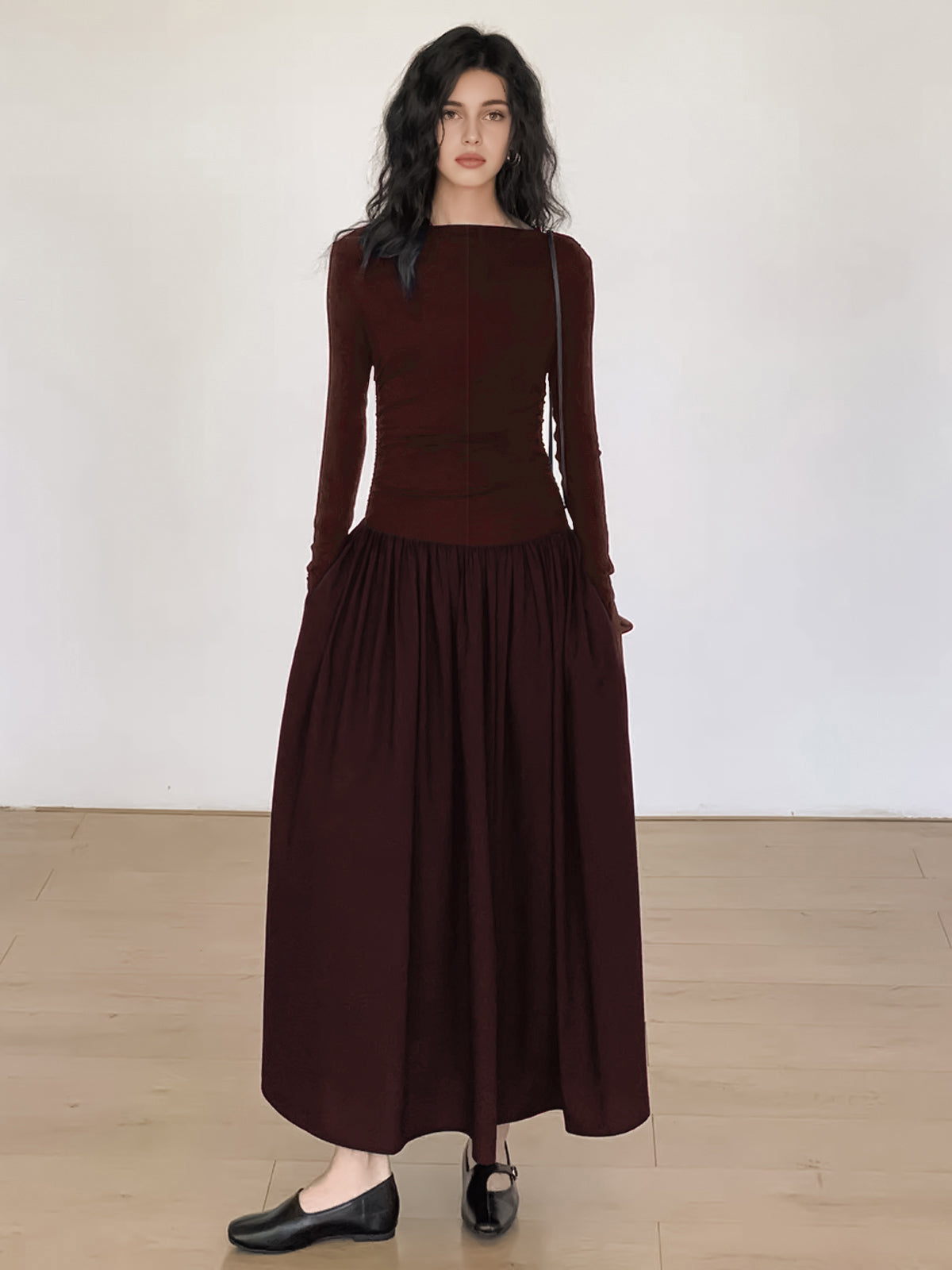 Pleated Patchwork Knit Long Sleeve Midi Dress for Women, Comfortable Fall Fashion