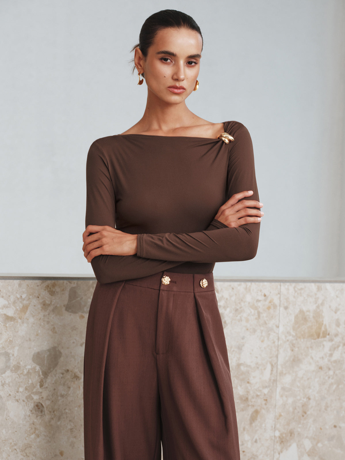 Metal Detail Asymmetric Neckline Bodysuit with Snap Closure for Women