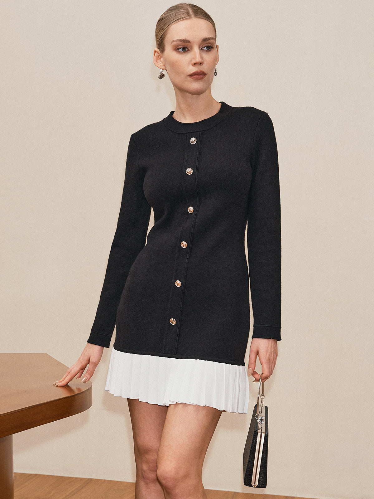 Long Sleeve Pleated Hem Sweater Dress with Cozy Knit Fabric