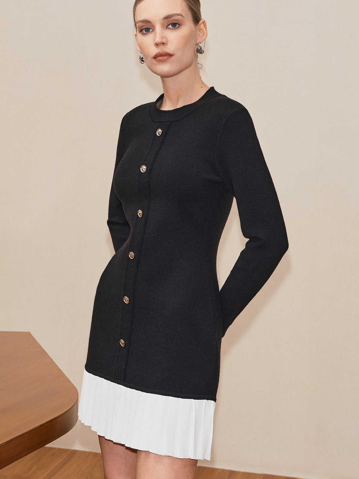 Long Sleeve Pleated Hem Sweater Dress with Cozy Knit Fabric