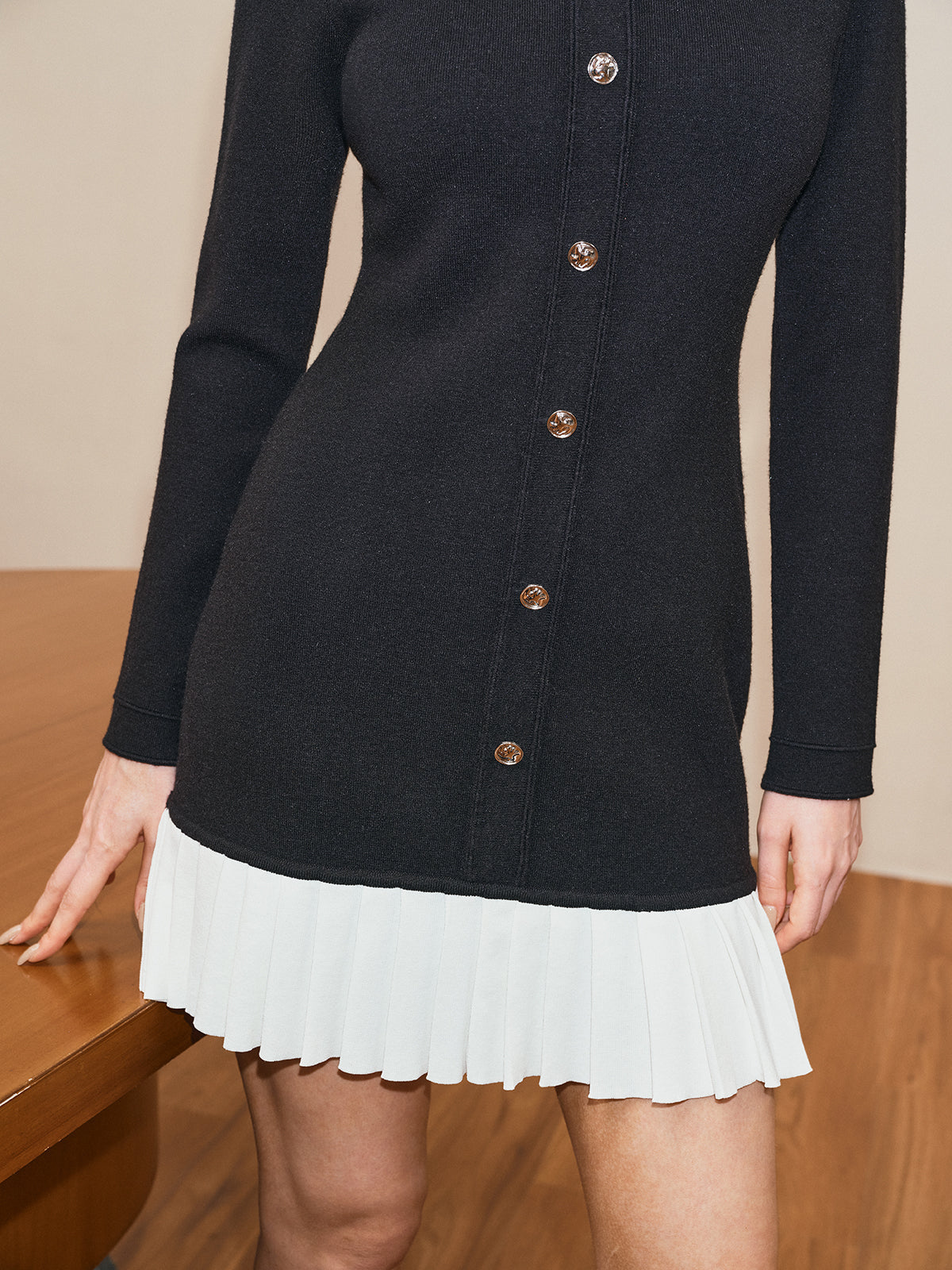 Long Sleeve Pleated Hem Sweater Dress with Cozy Knit Fabric