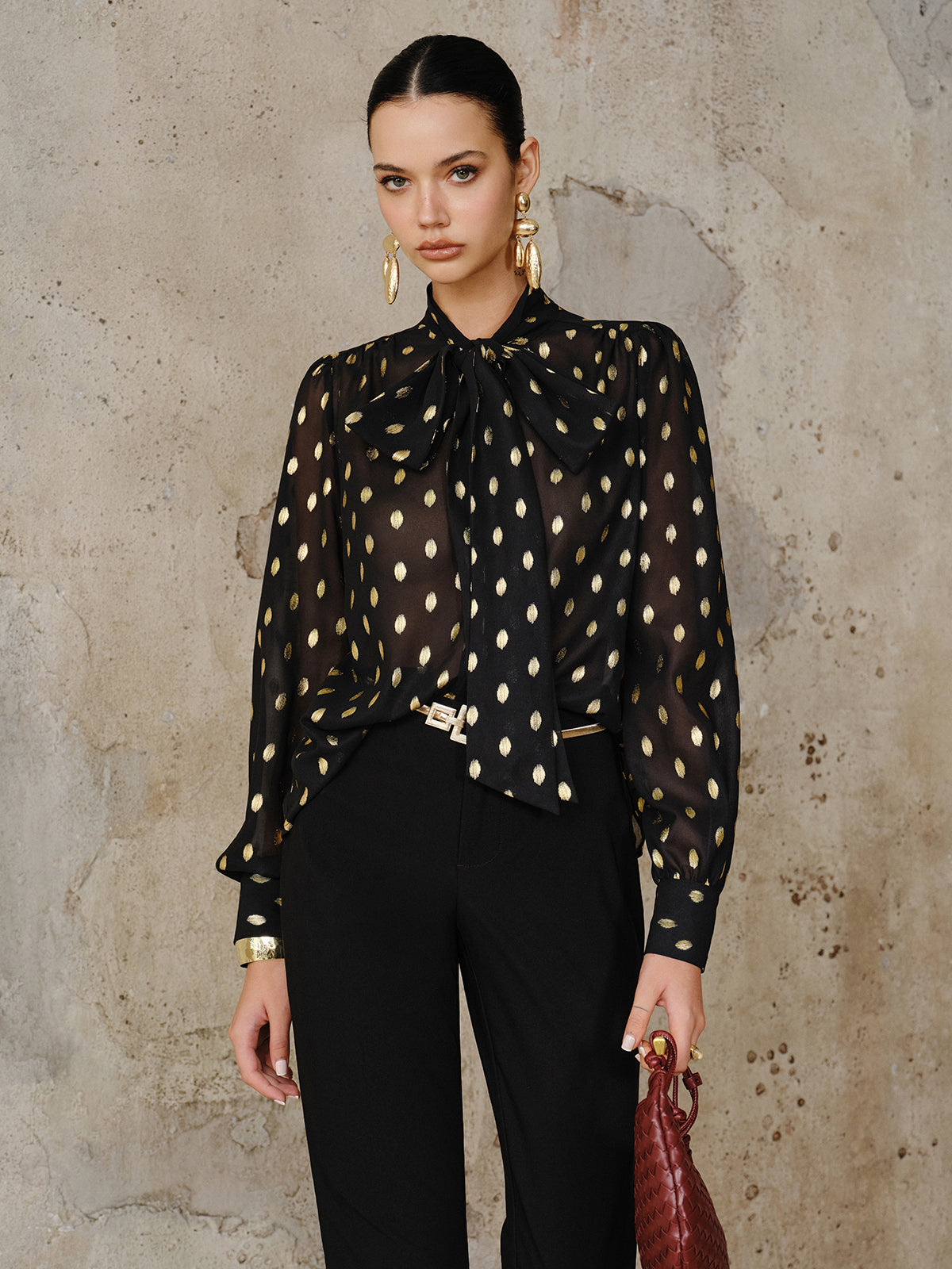 Polka Dot Bow Neckline Semi-Sheer Blouse Women's Casual Work Top