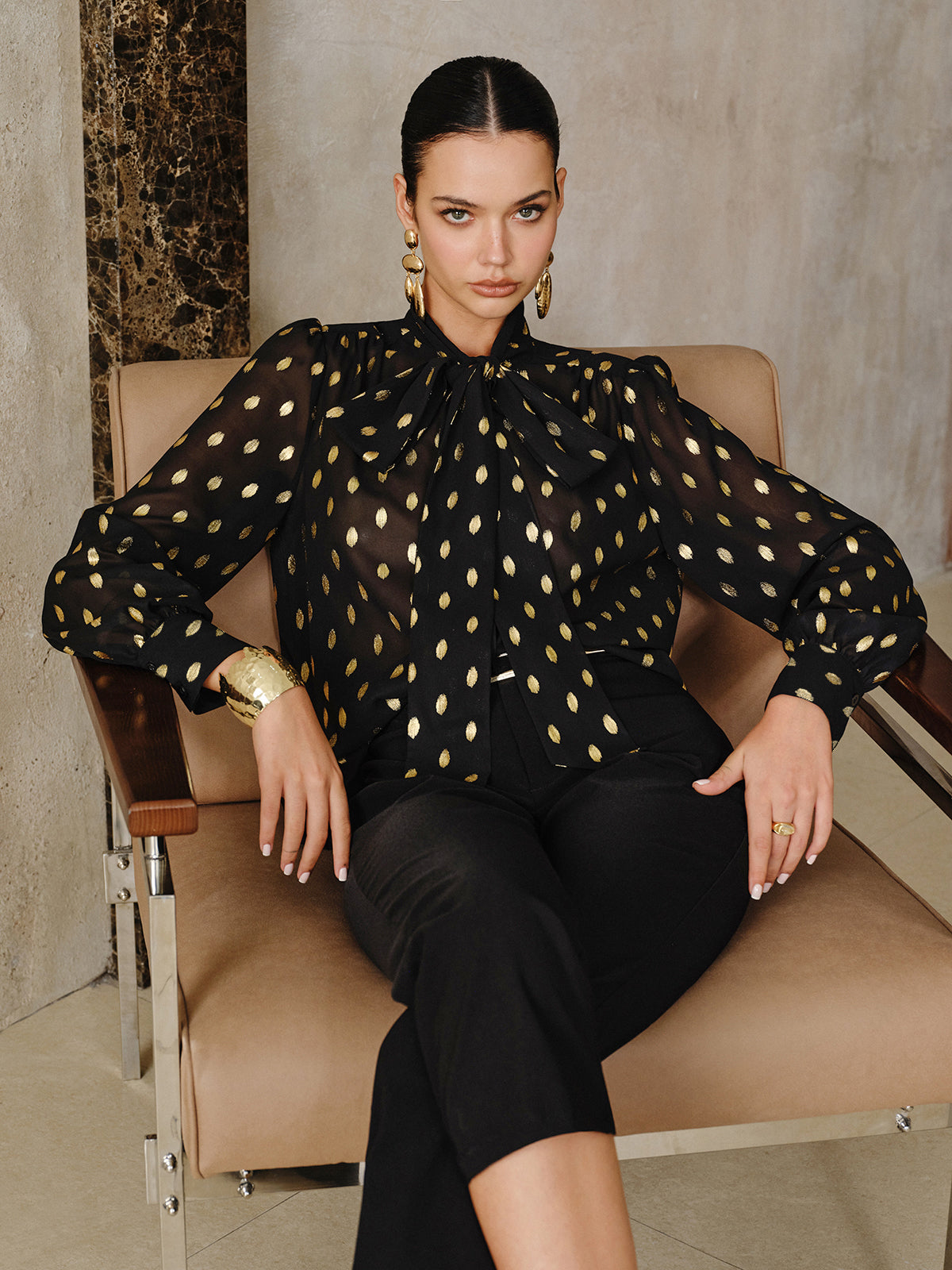 Polka Dot Bow Neckline Semi-Sheer Blouse Women's Casual Work Top