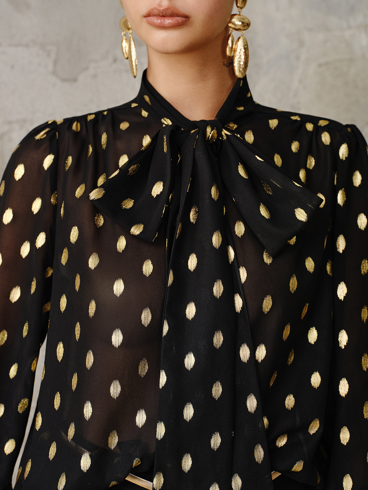 Polka Dot Bow Neckline Semi-Sheer Blouse Women's Casual Work Top