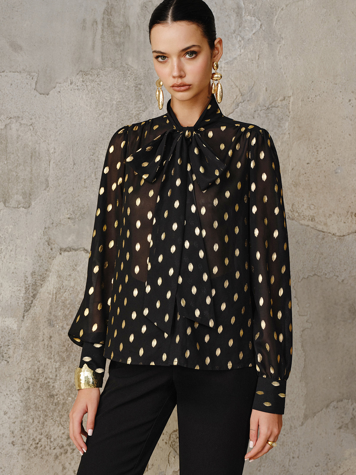 Polka Dot Bow Neckline Semi-Sheer Blouse Women's Casual Work Top