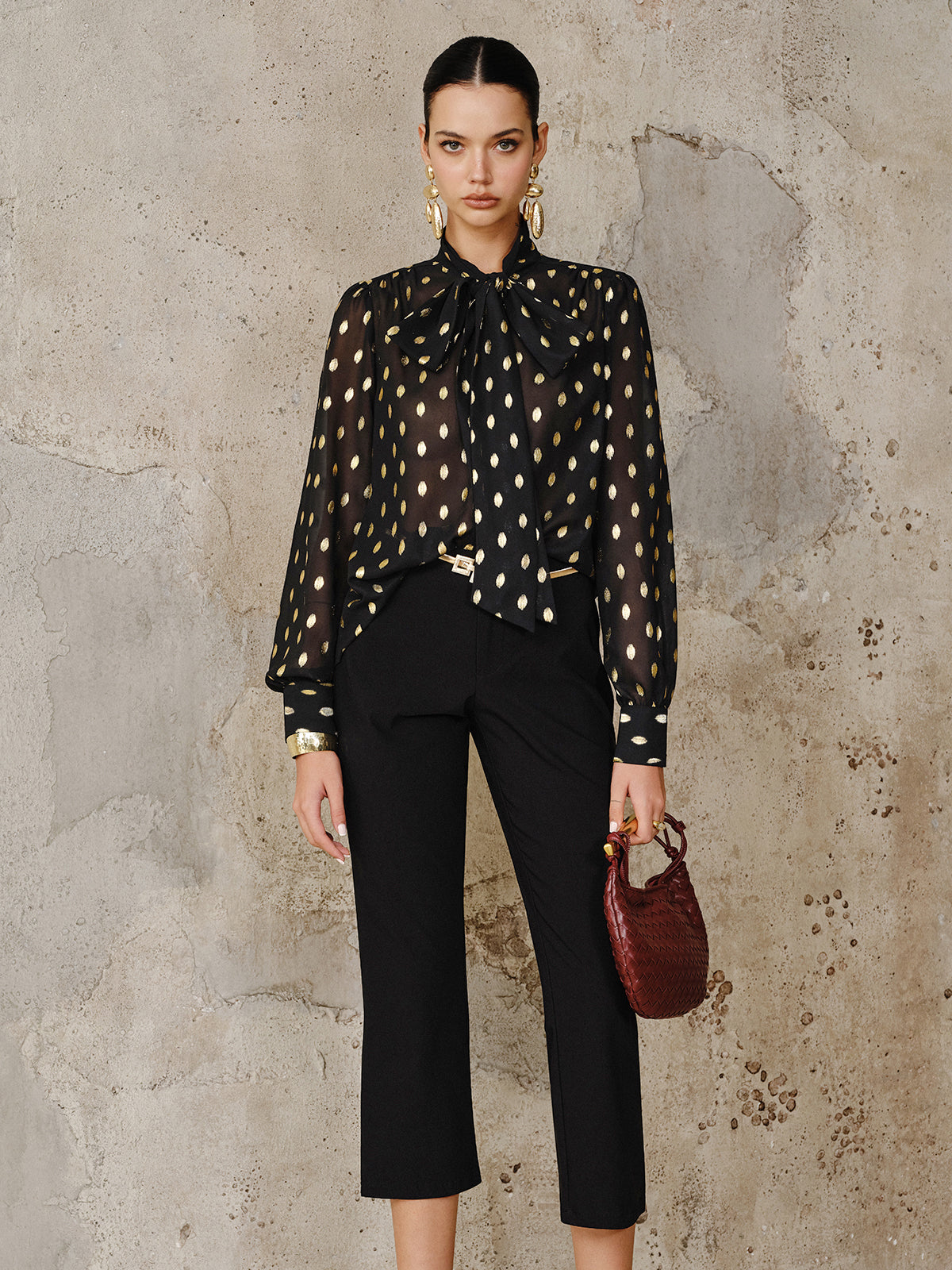 Polka Dot Bow Neckline Semi-Sheer Blouse Women's Casual Work Top
