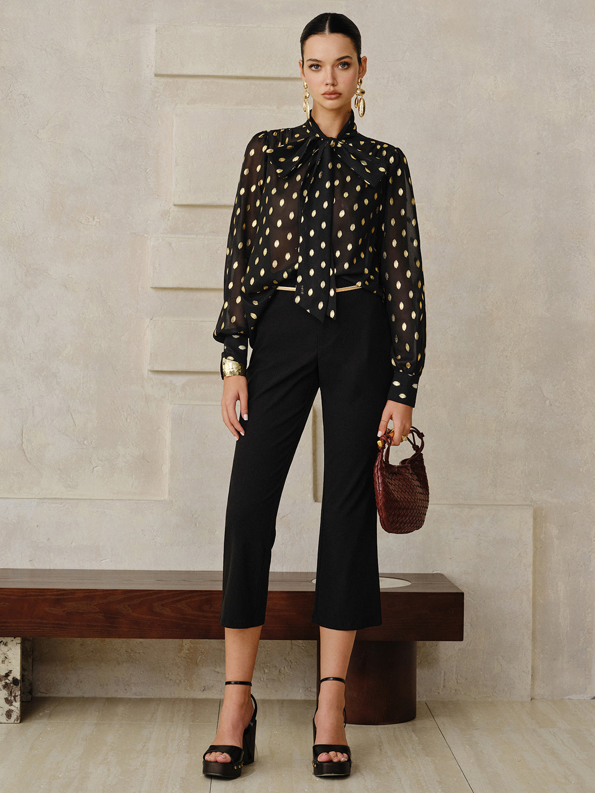 Polka Dot Bow Neckline Semi-Sheer Blouse Women's Casual Work Top