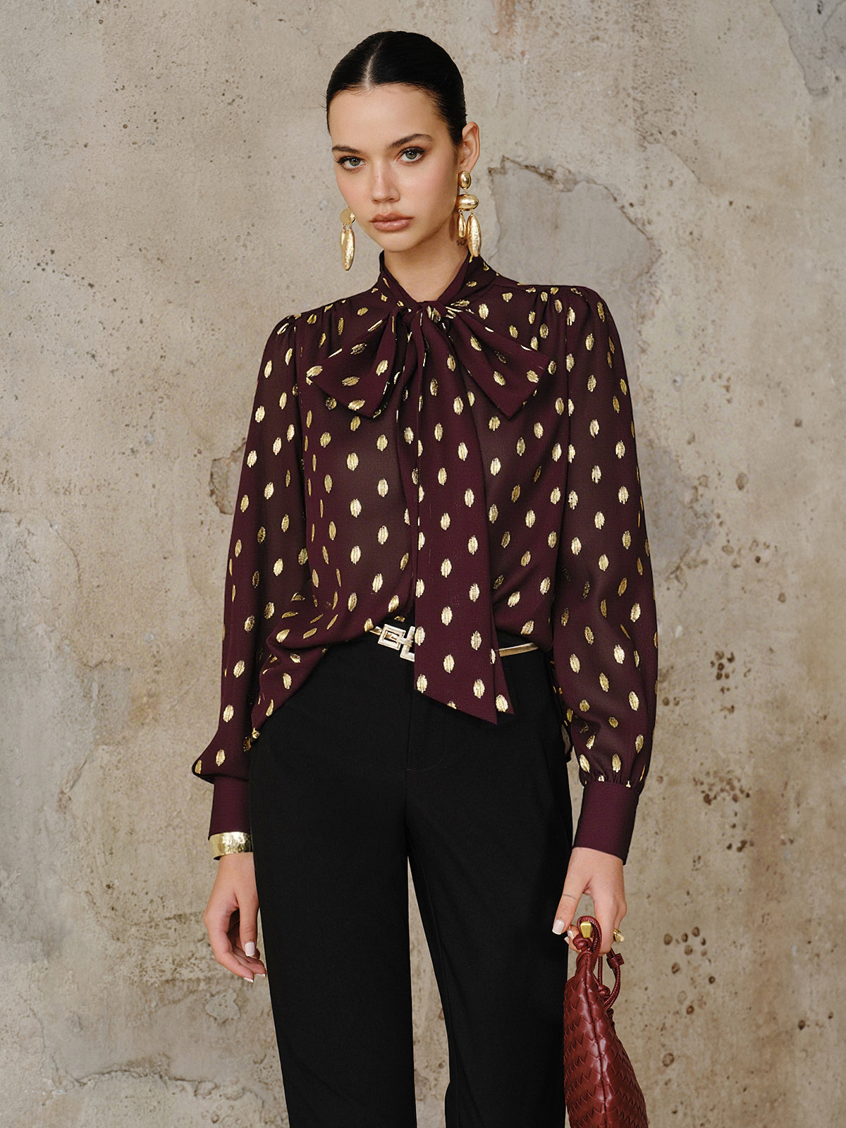 Polka Dot Bow Neckline Semi-Sheer Blouse Women's Casual Work Top