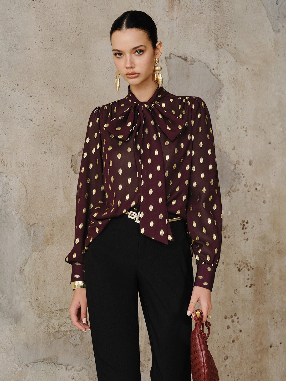 Polka Dot Bow Neckline Semi-Sheer Blouse Women's Casual Work Top