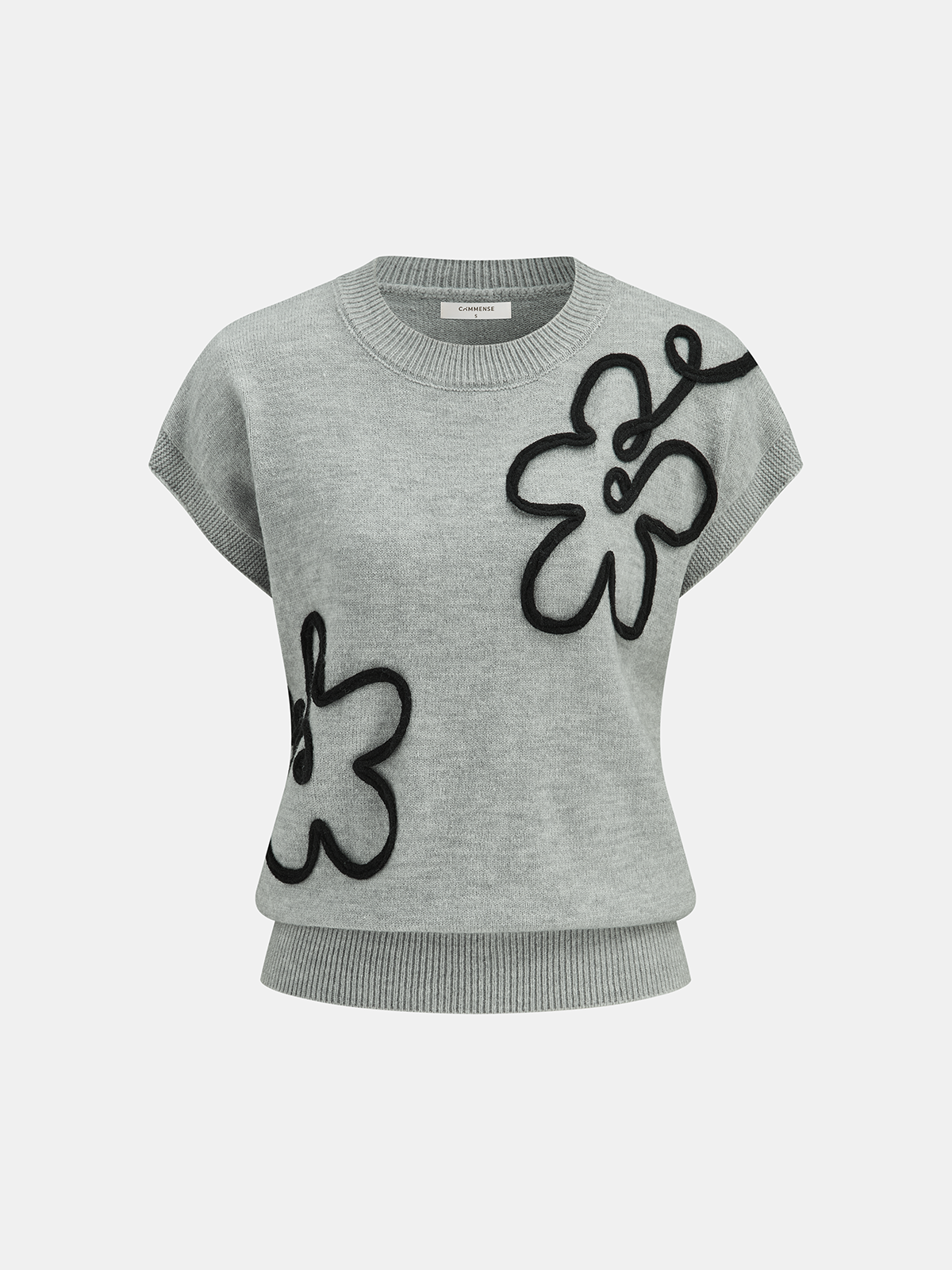 Floral Applique Cap Sleeve Sweater Vest with Elegant Embroidery Detail