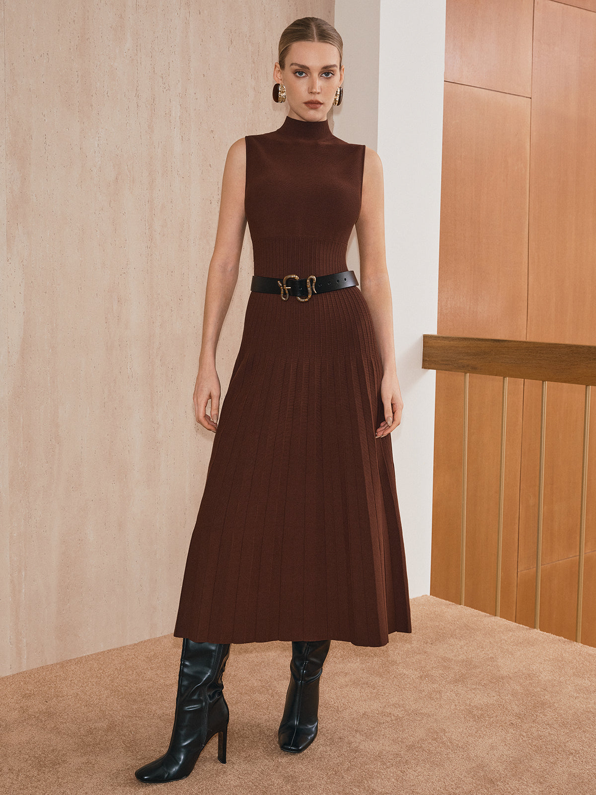 Turtleneck Sleeveless Knit Maxi Dress Comfortable Stylish Full-Length without Belt