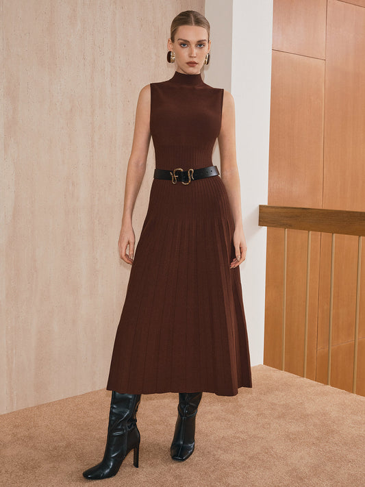 Turtleneck Sleeveless Knit Maxi Dress Comfortable Stylish Full-Length without Belt