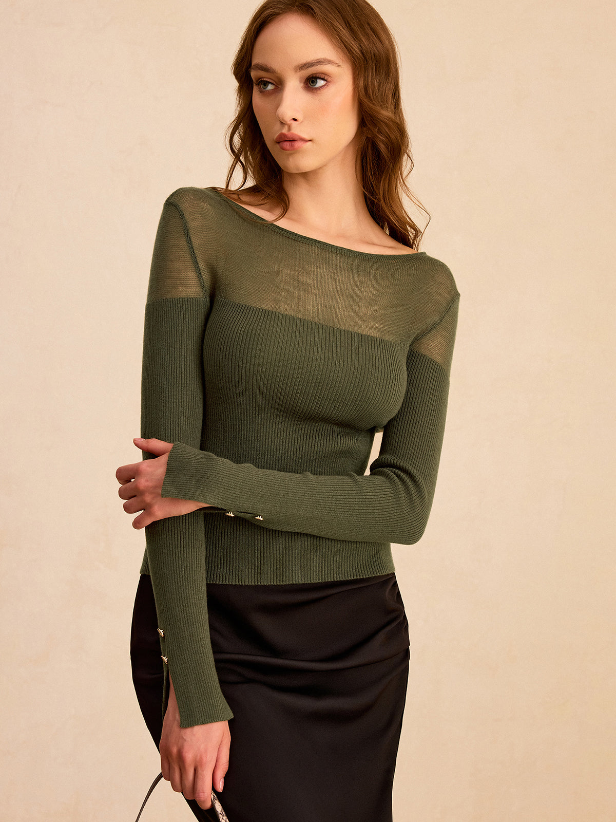 Sheer-Paneled Boat Neck Knit Top for Women - Lightweight & Stylish