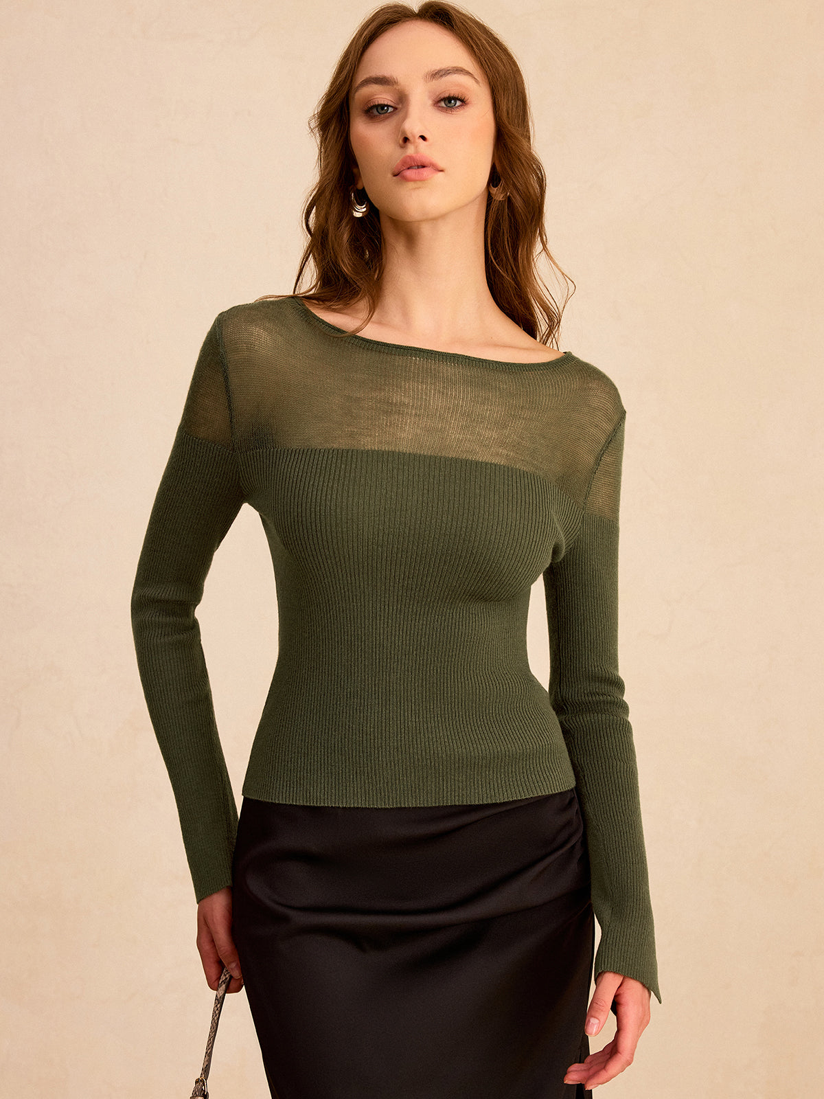 Sheer-Paneled Boat Neck Knit Top for Women - Lightweight & Stylish