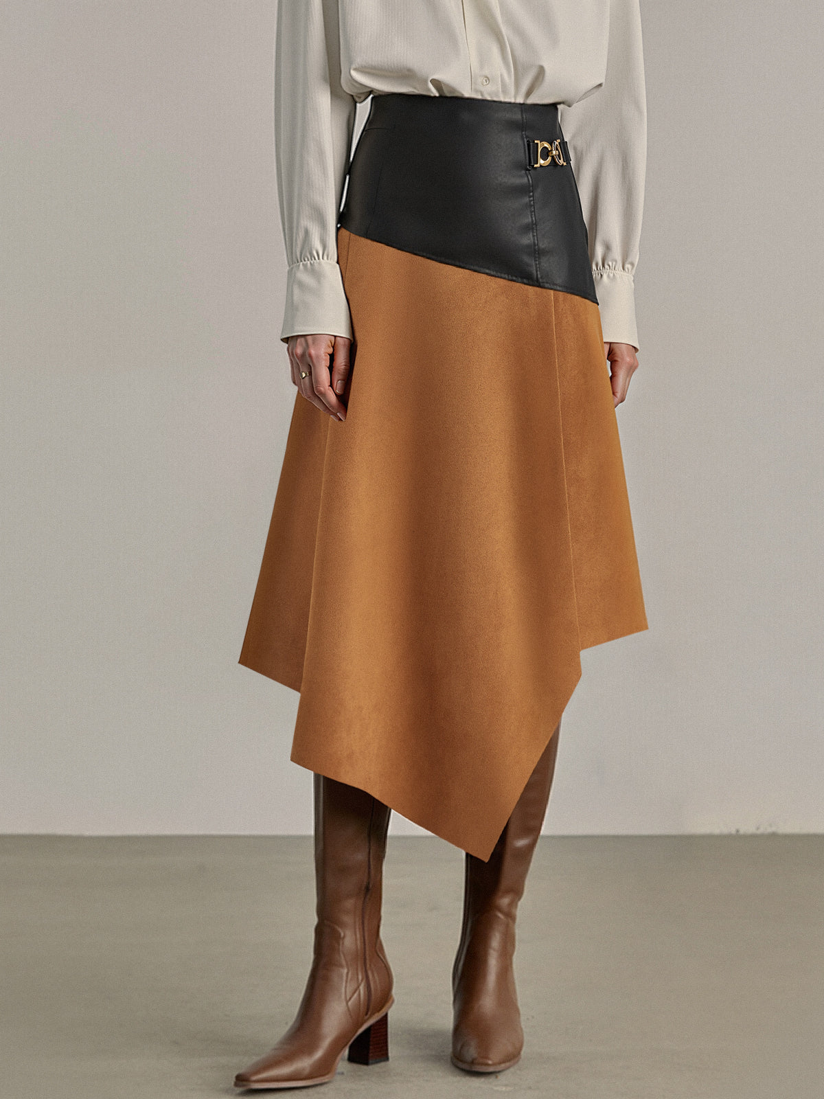 Faux Leather Paneled Suede Effect Asymmetric Midi Skirt with Fashion Forward Design