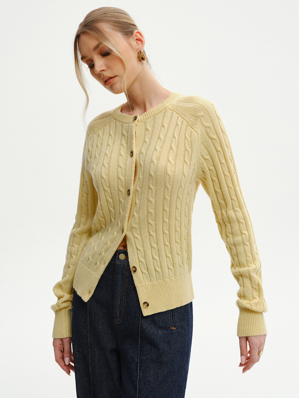 Cable-Knit Buttoned Cardigan with Pockets for Women