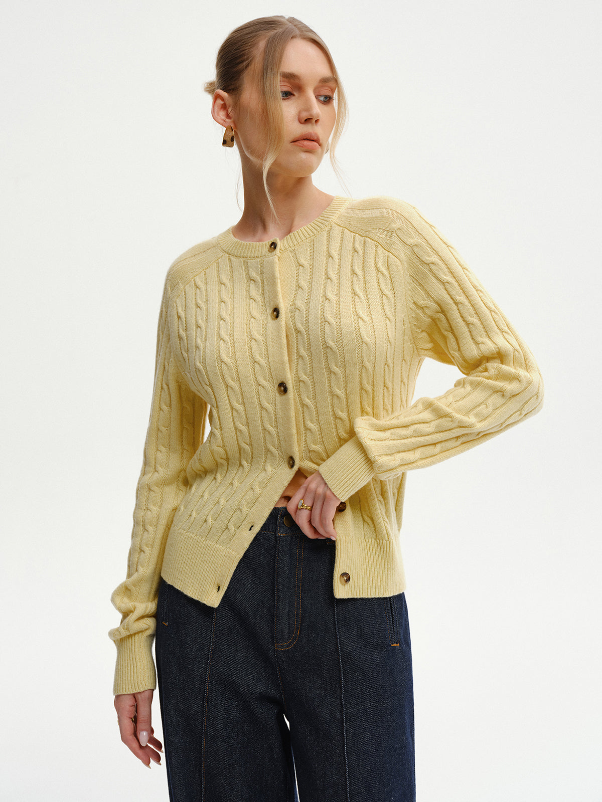 Cable-Knit Buttoned Cardigan with Pockets for Women