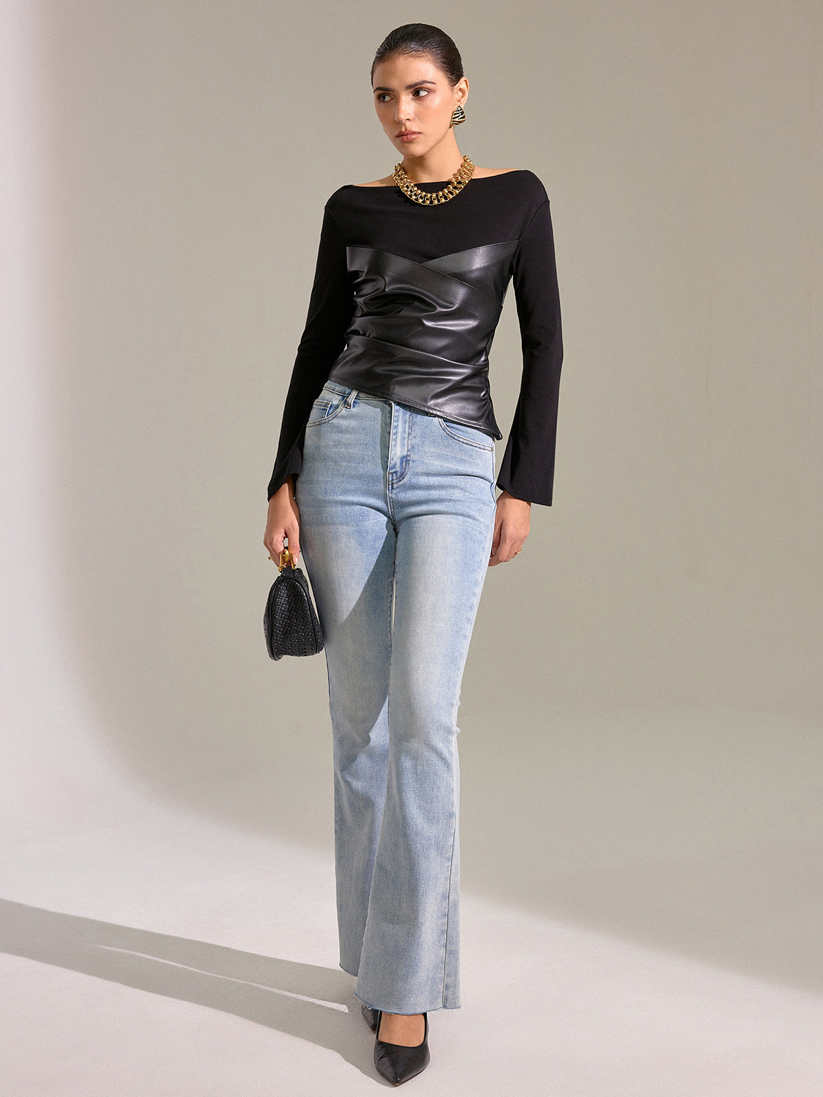 Flared Sleeve Faux Leather Panel Knit Top Women's Stylish Casual Wear