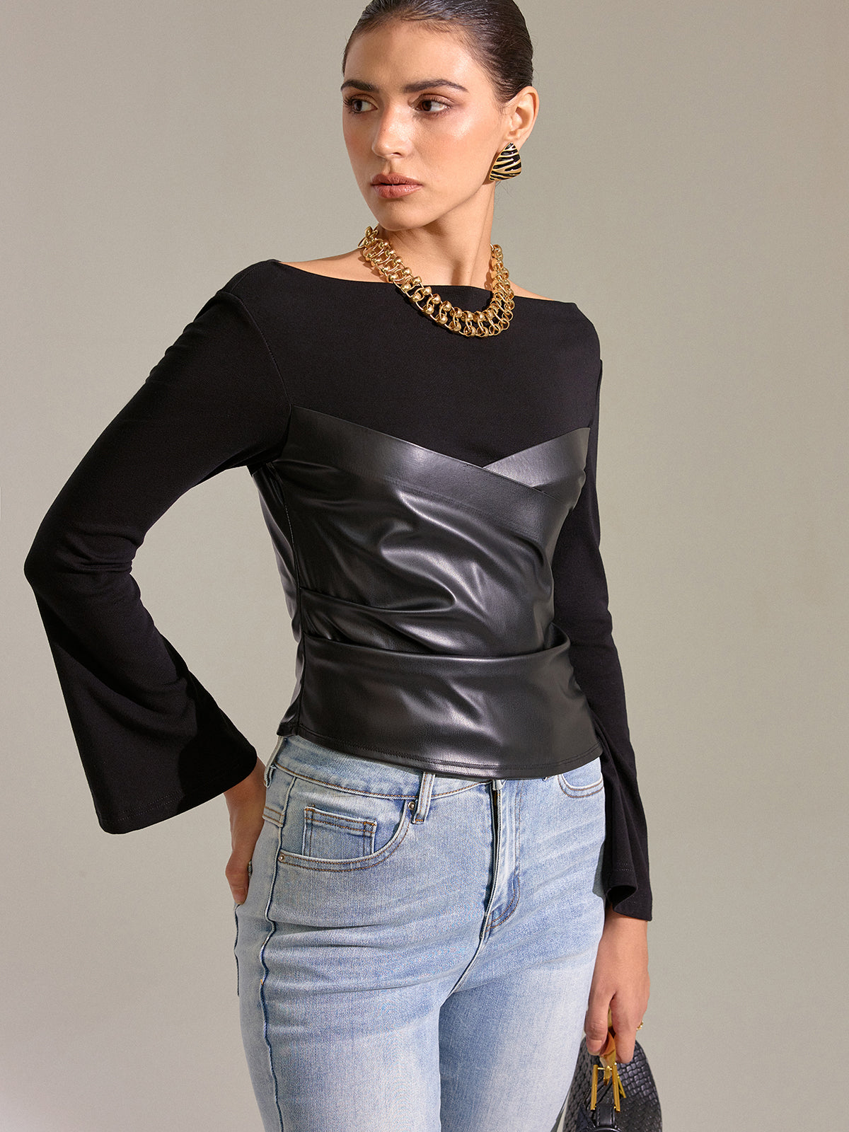 Flared Sleeve Faux Leather Panel Knit Top Women's Stylish Casual Wear