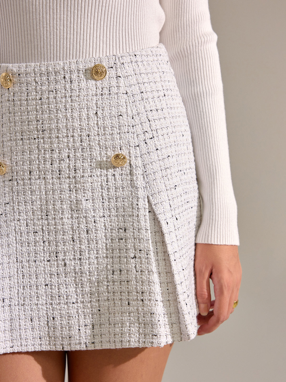Metal Button Pleated Tweed Mini Skirt with High Waistband