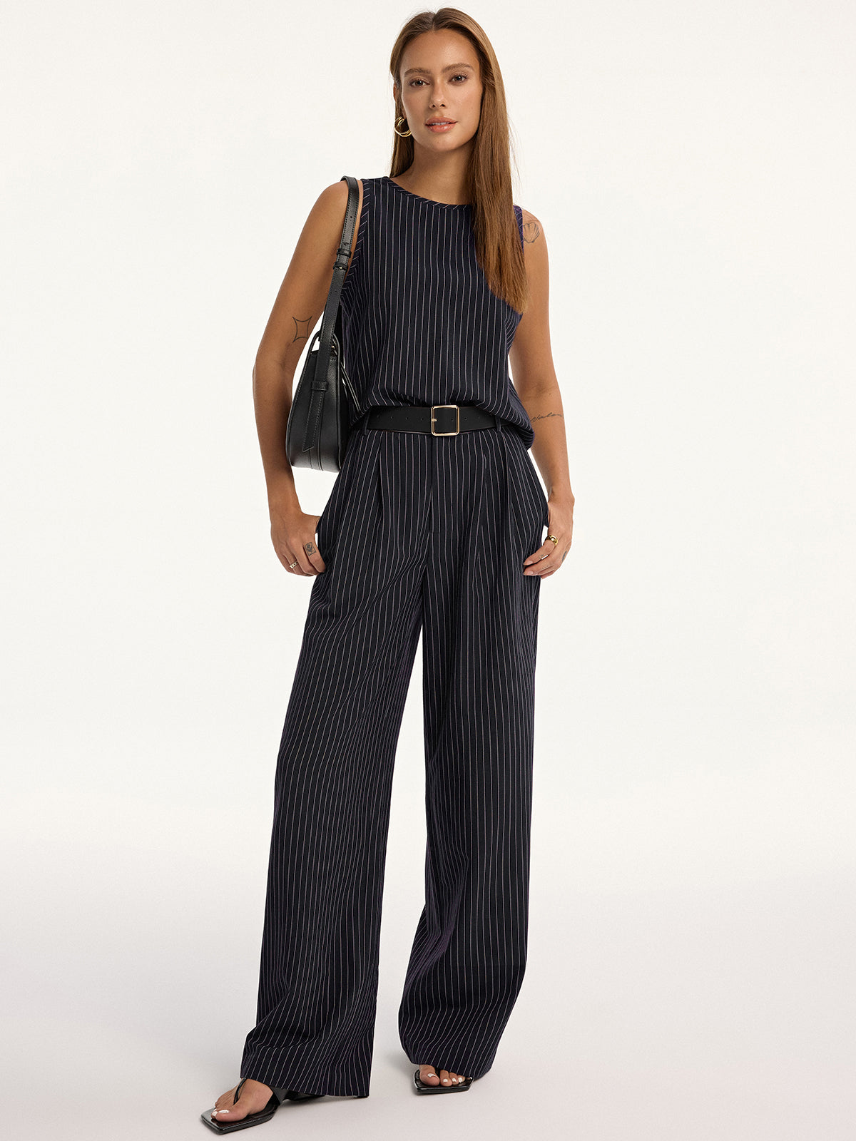 Pinstripe Sleeveless Top and Pants Set with Belt, Elegant Office Women's Outfit