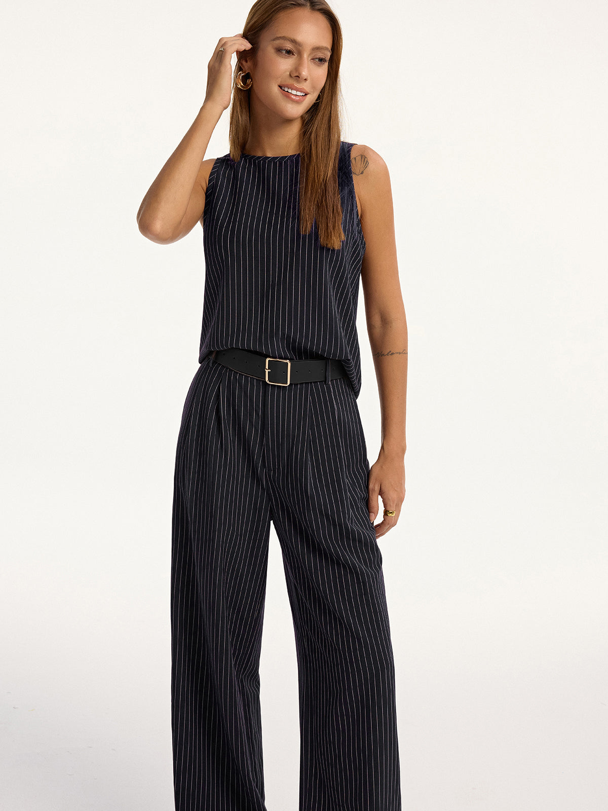 Pinstripe Sleeveless Top and Pants Set with Belt, Elegant Office Women's Outfit