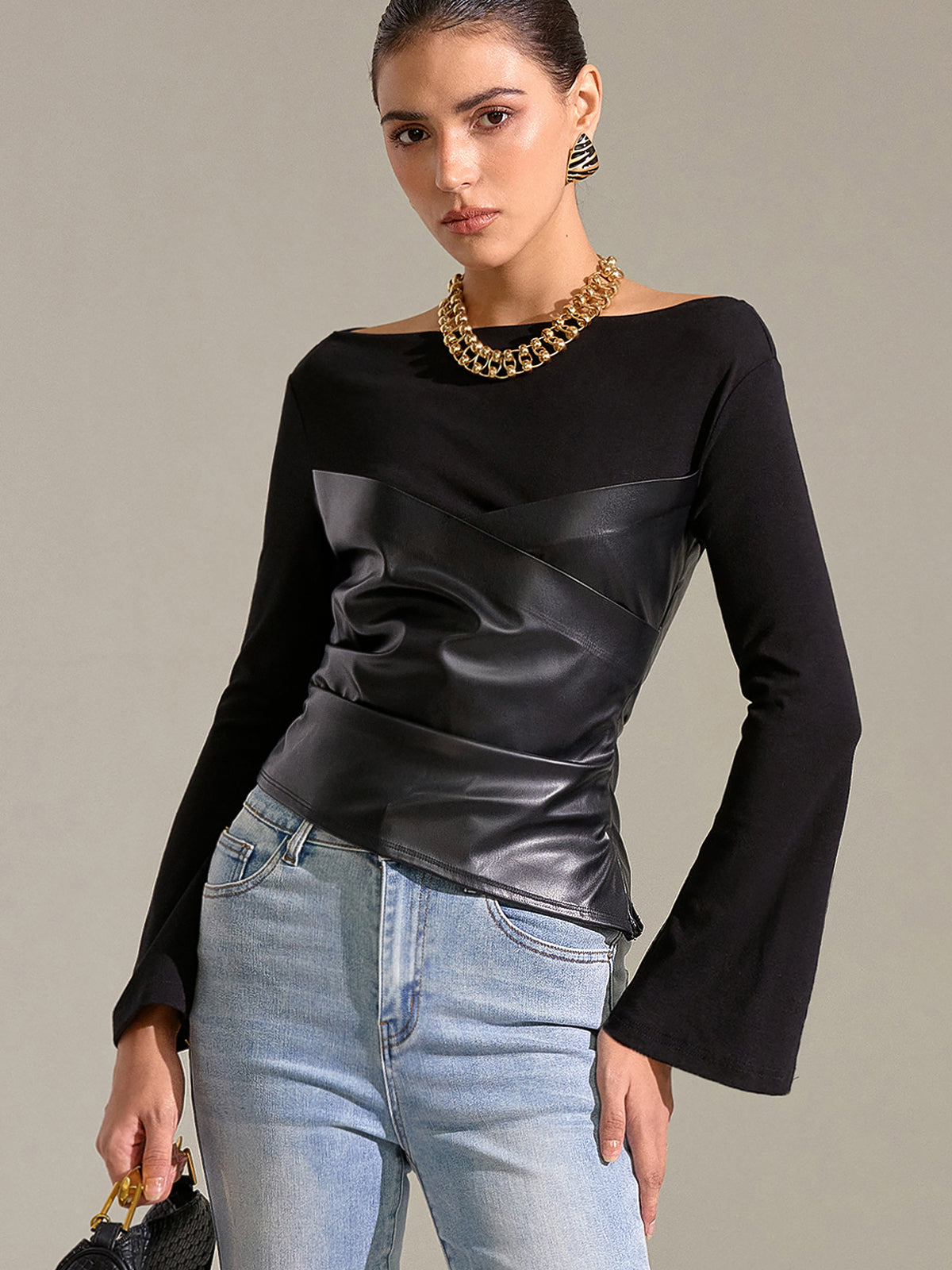 Flared Sleeve Faux Leather Panel Knit Top Women's Stylish Casual Wear