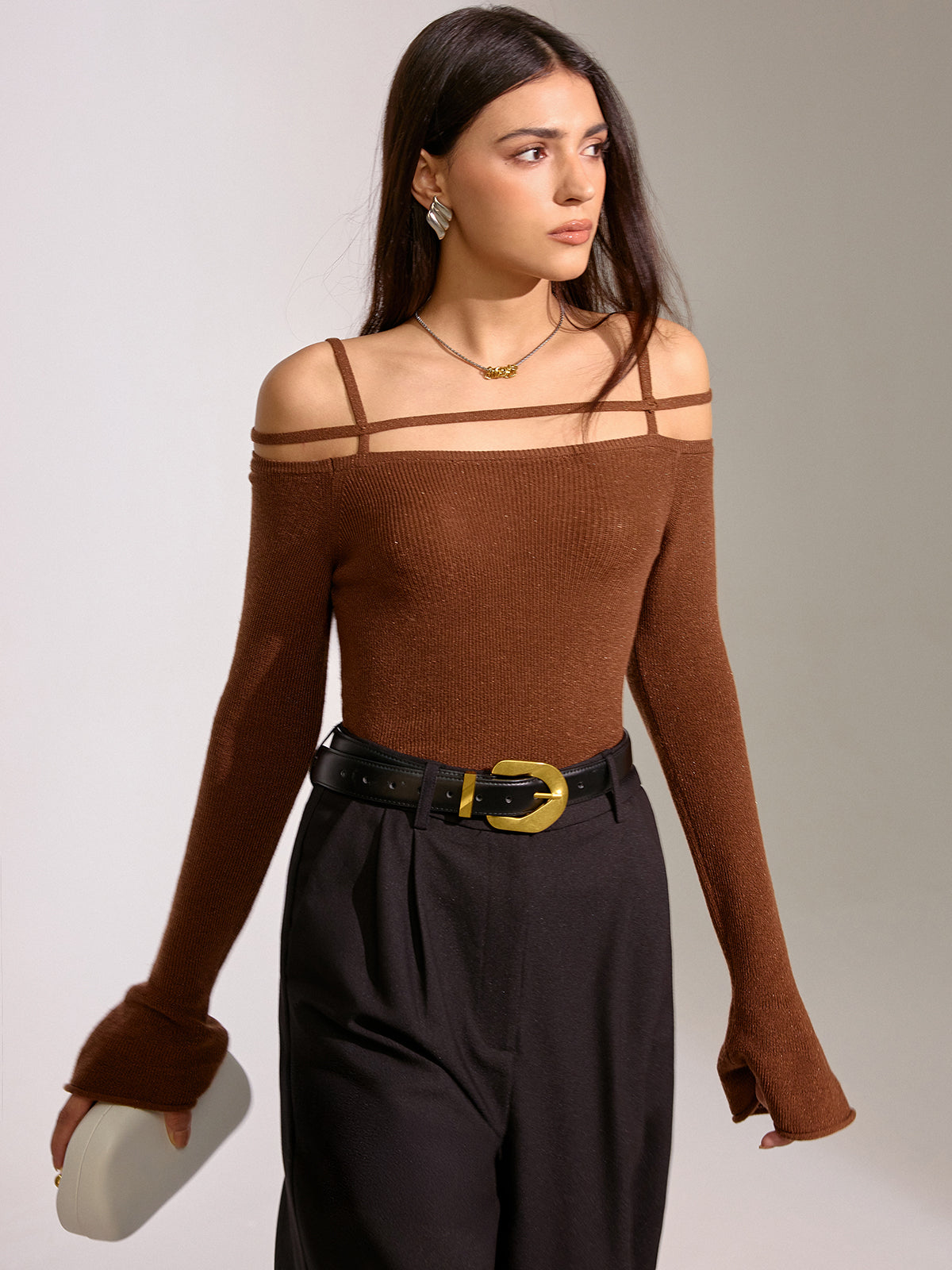 Flared Cuff Wool Blend Off-Shoulder Knit Top - Cozy Winter Fashion Sweater