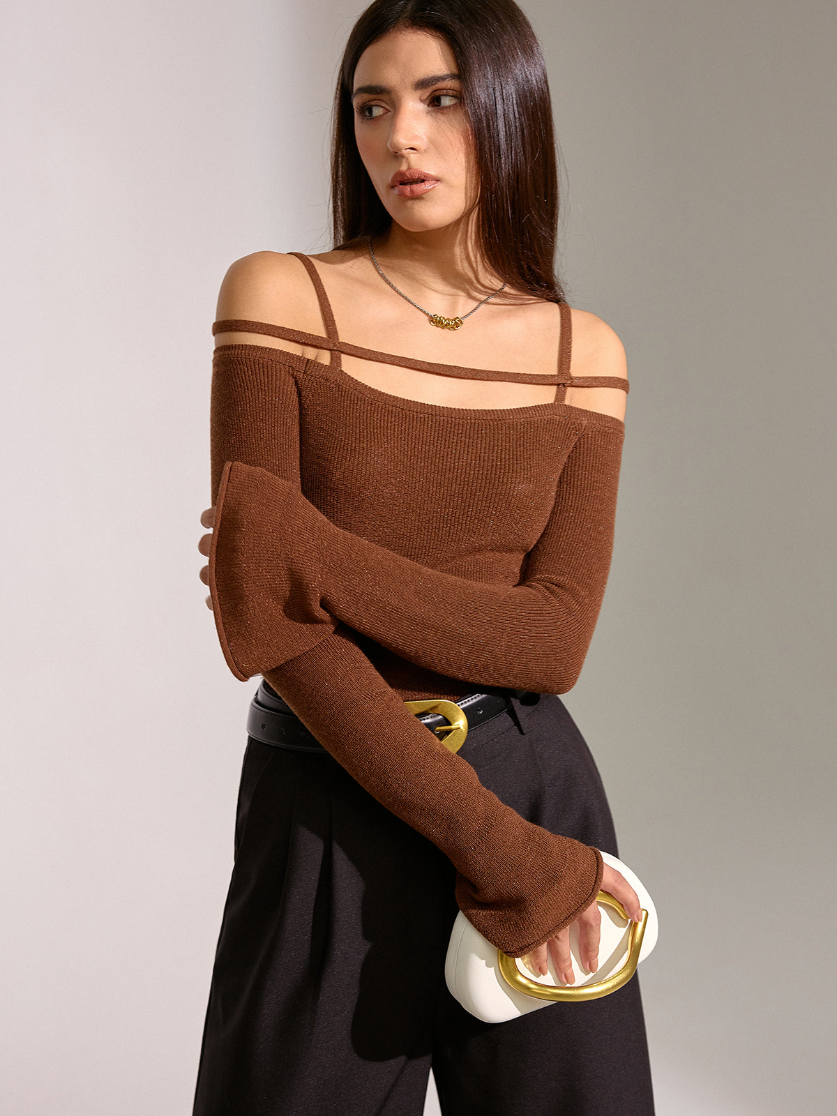 Flared Cuff Wool Blend Off-Shoulder Knit Top - Cozy Winter Fashion Sweater