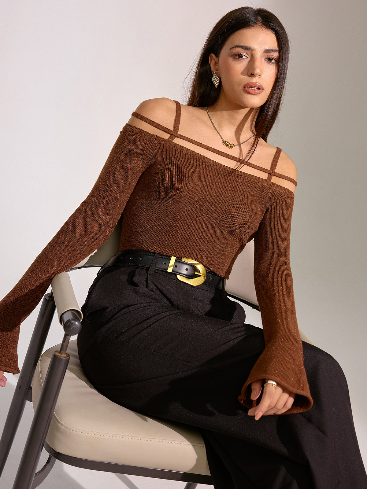 Flared Cuff Wool Blend Off-Shoulder Knit Top - Cozy Winter Fashion Sweater