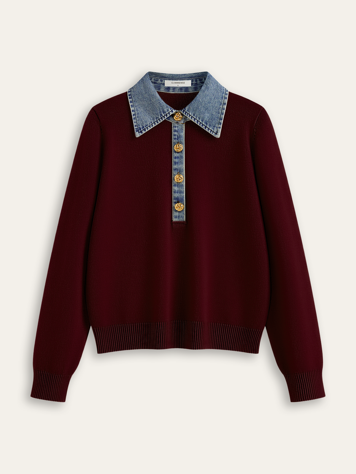 Denim Collar Wool Blend Knit Top for Women, Comfortable Autumn Wear