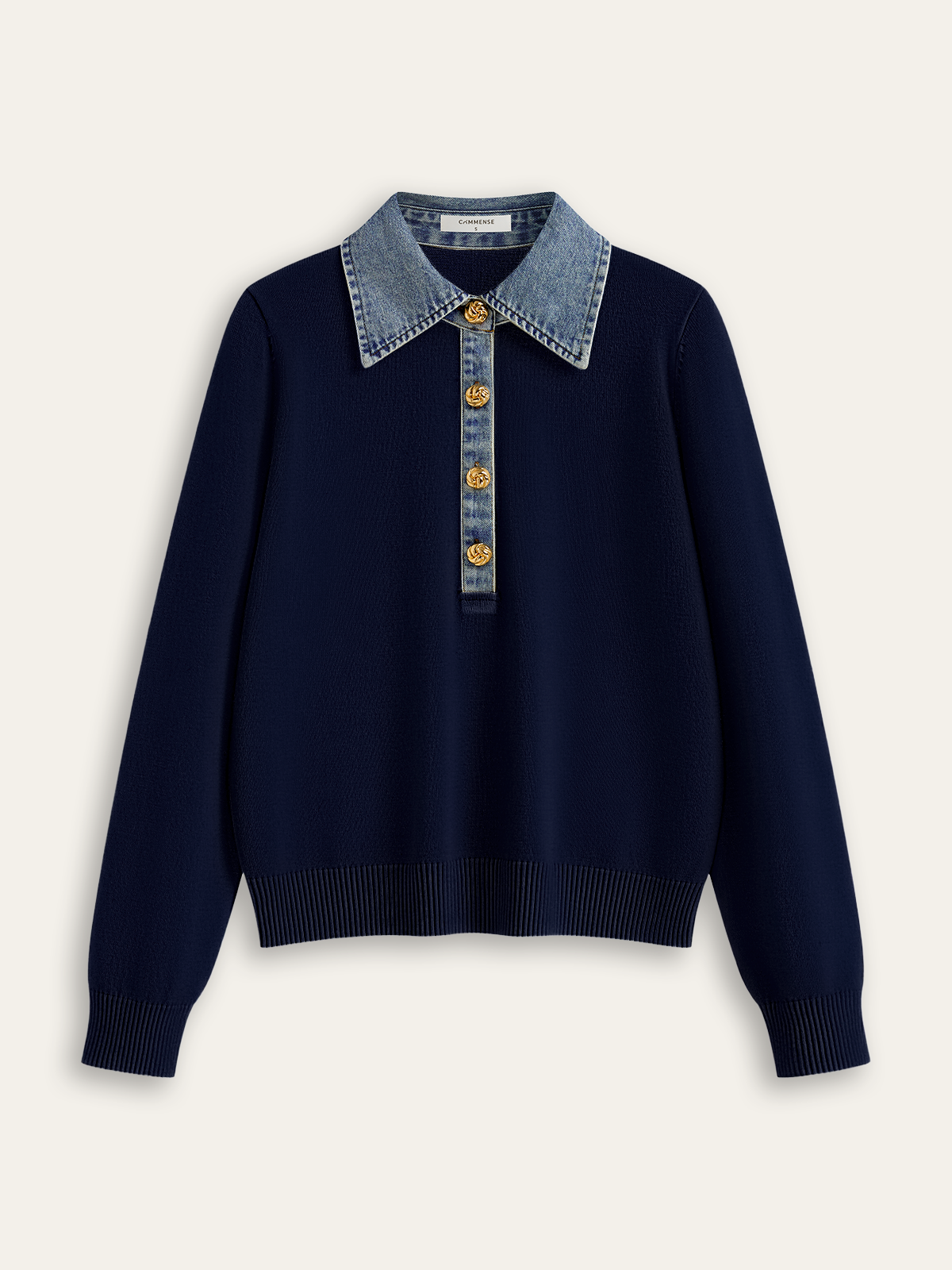 Denim Collar Wool Blend Knit Top for Women, Comfortable Autumn Wear