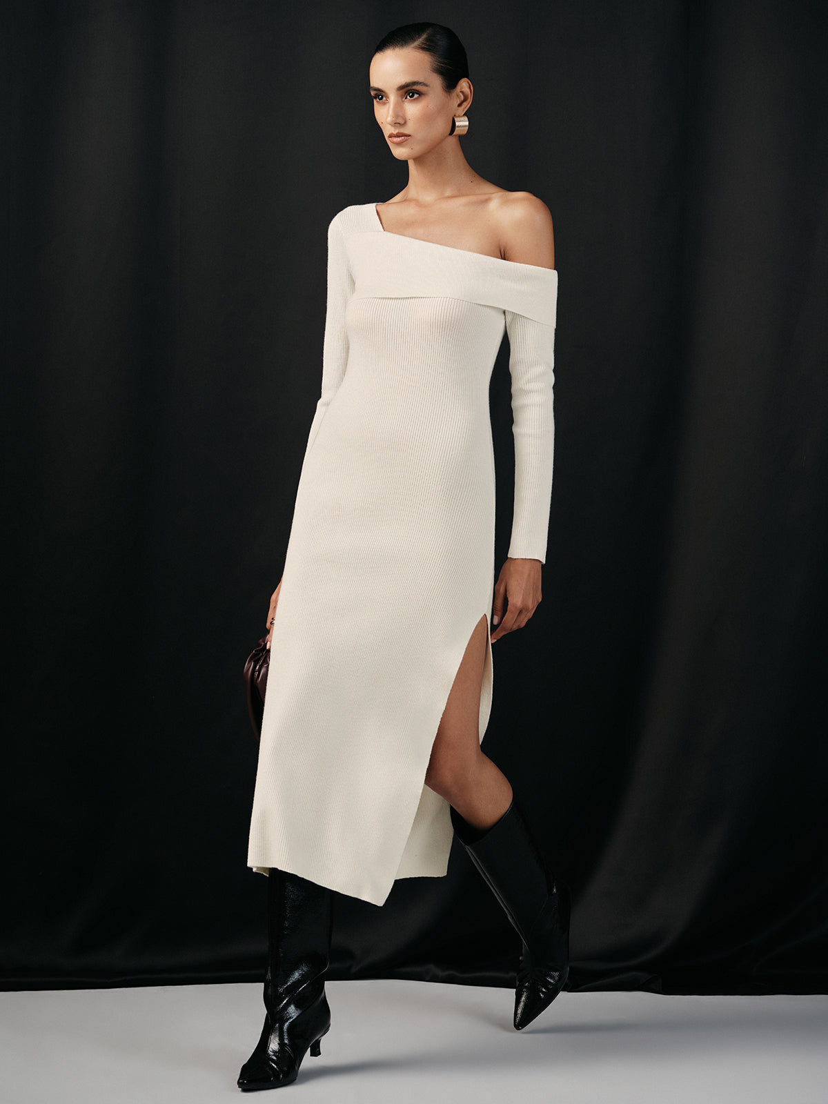 One Shoulder Wool Blend Knit Midi Slit Dress with Long Sleeve Elegance