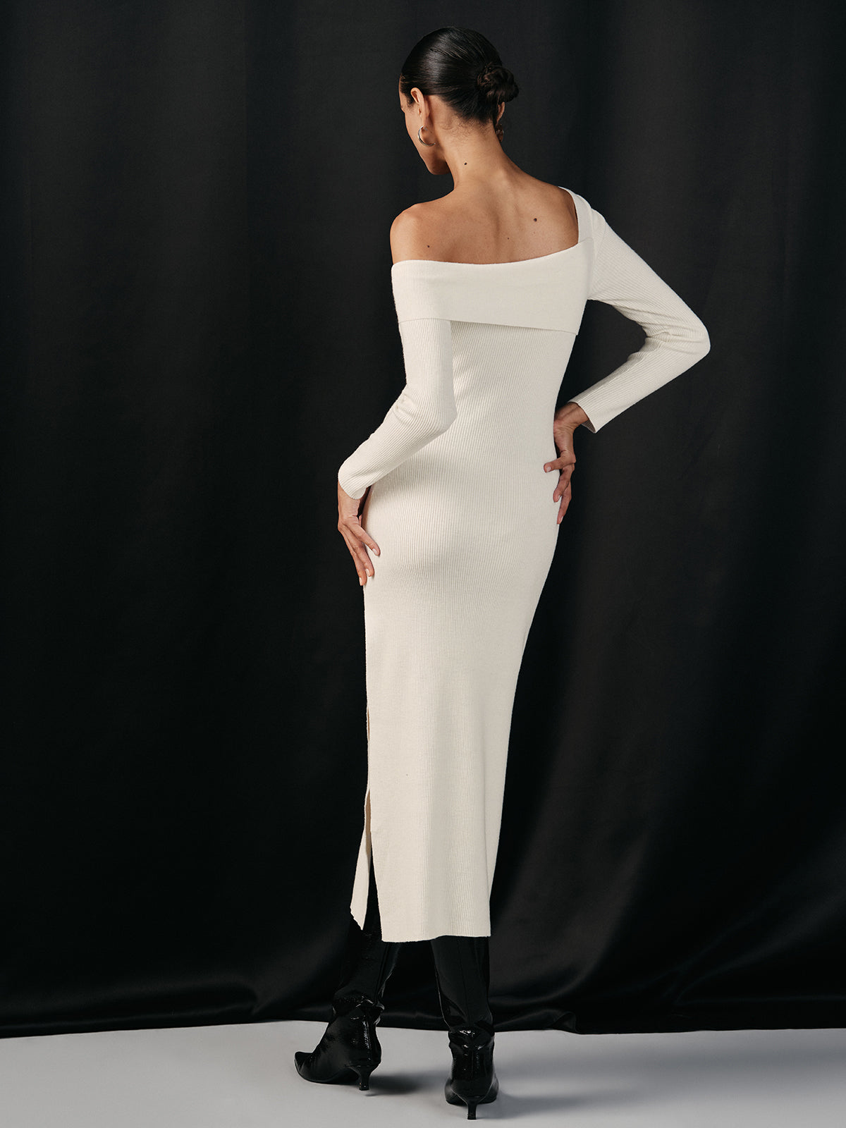 One Shoulder Wool Blend Knit Midi Slit Dress with Long Sleeve Elegance